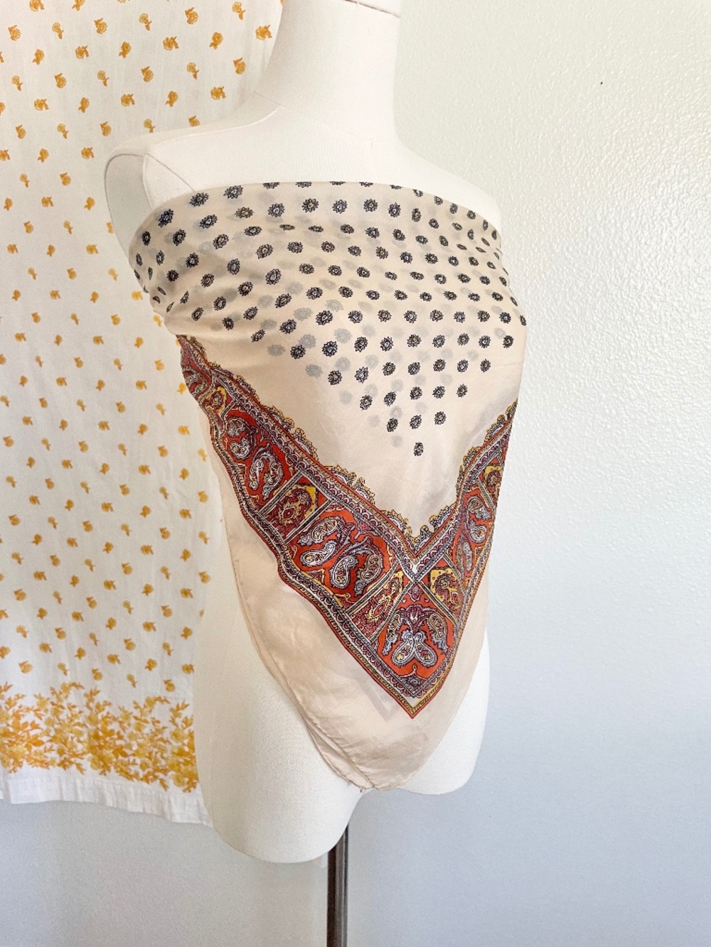 Vintage Beige Orange Paisley Square Scarf 32” Silky Boho Kerchief